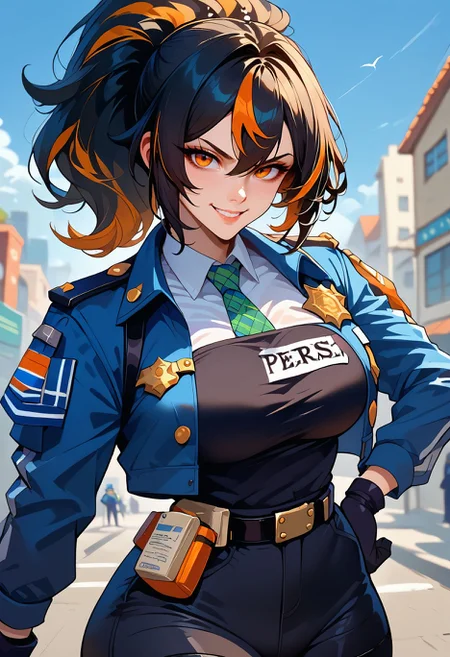score_9, score_8_up, score_7_up, score_6_up, score_5_up,  <lora:zhu_yuan_xl:0.8>zhu-yuan,black hair,streaked hair, orange eyes, long hair ponytail, 1girl, solo, jacket, necktie, breasts, gloves, police, white background, looking at viewer, police uniform, ponytail, pants, uniform, large breasts, black gloves, shirt, policewoman, blue jacket, smile, happy
