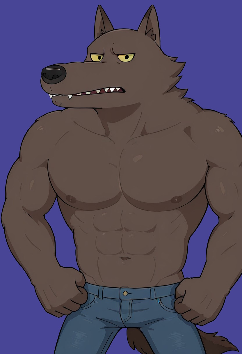 score_9_up, score_8_up, score_7_up, detailed, high quality, masterpiece, best quality, amazing quality, solo, male, anthro, w0lfman-bare-chest, werewolf, brown fur, yellow eyes, dark nose, teeth, muscles, abs, pecs, nipples, bare chest, skinny jeans, brown tail, half body, looking at viewer neutral expression, simple background.