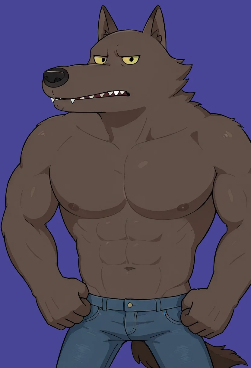 score_9_up, score_8_up, score_7_up, detailed, high quality, masterpiece, best quality, amazing quality, solo, male, anthro, w0lfman-bare-chest, werewolf, brown fur, yellow eyes, dark nose, teeth, muscles, abs, pecs, nipples, bare chest, skinny jeans, brown tail, half body, looking at viewer neutral expression, simple background.