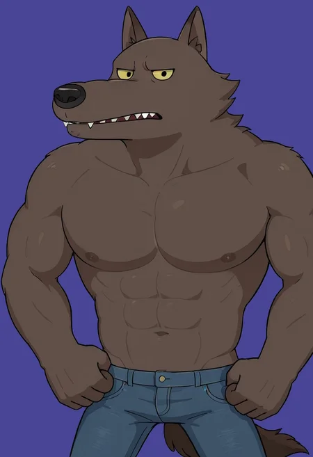 score_9_up, score_8_up, score_7_up, detailed, high quality, masterpiece, best quality, amazing quality, solo, male, anthro, w0lfman-bare-chest, werewolf, brown fur, yellow eyes, dark nose, teeth, muscles, abs, pecs, nipples, bare chest, skinny jeans, brown tail, half body, looking at viewer neutral expression, simple background.