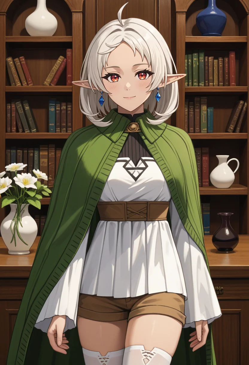 score_9,
<lora:MushokuTensei_SlyphietteMomXL:0.8>, SylphyMT,
1girl, solo, closed mouth, light smile, light blush,
white hair, multicolored eyes, forehead, ahoge, medium hair, pointy ears, earrings,
green cloak, black shirt, white dress, wide sleeves, underbust, short shorts, brown shorts, white thighhighs,
standing, looking at viewer,
indoors, wood, bookshelf, vase