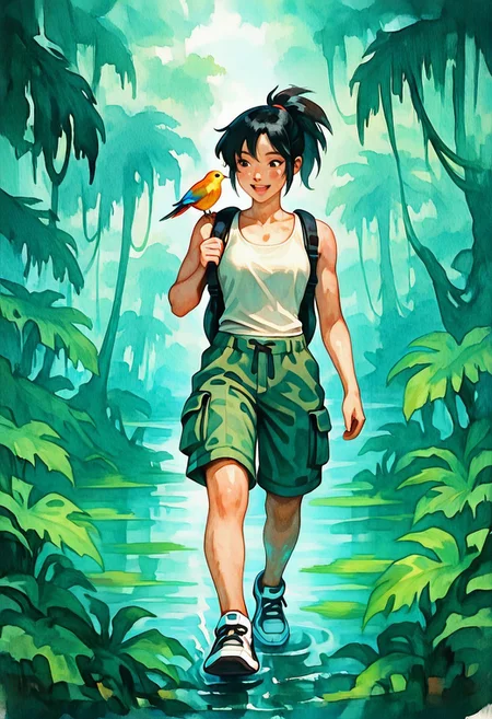 lazypos, PixelWater, 1girl, full body, walking on a narrow nature trail, lush jungle on one side and misty swamp on the other, shoulder-length black hair in a ponytail, rosy skin, dark brown eyes, joyful expression, wearing a light hiking outfit (tank top, cargo shorts, sneakers), backpack slung over one shoulder, small colorful bird perched on her other shoulder, looking happily at the bird, dynamic foliage and water reflections in colorful splash style,

