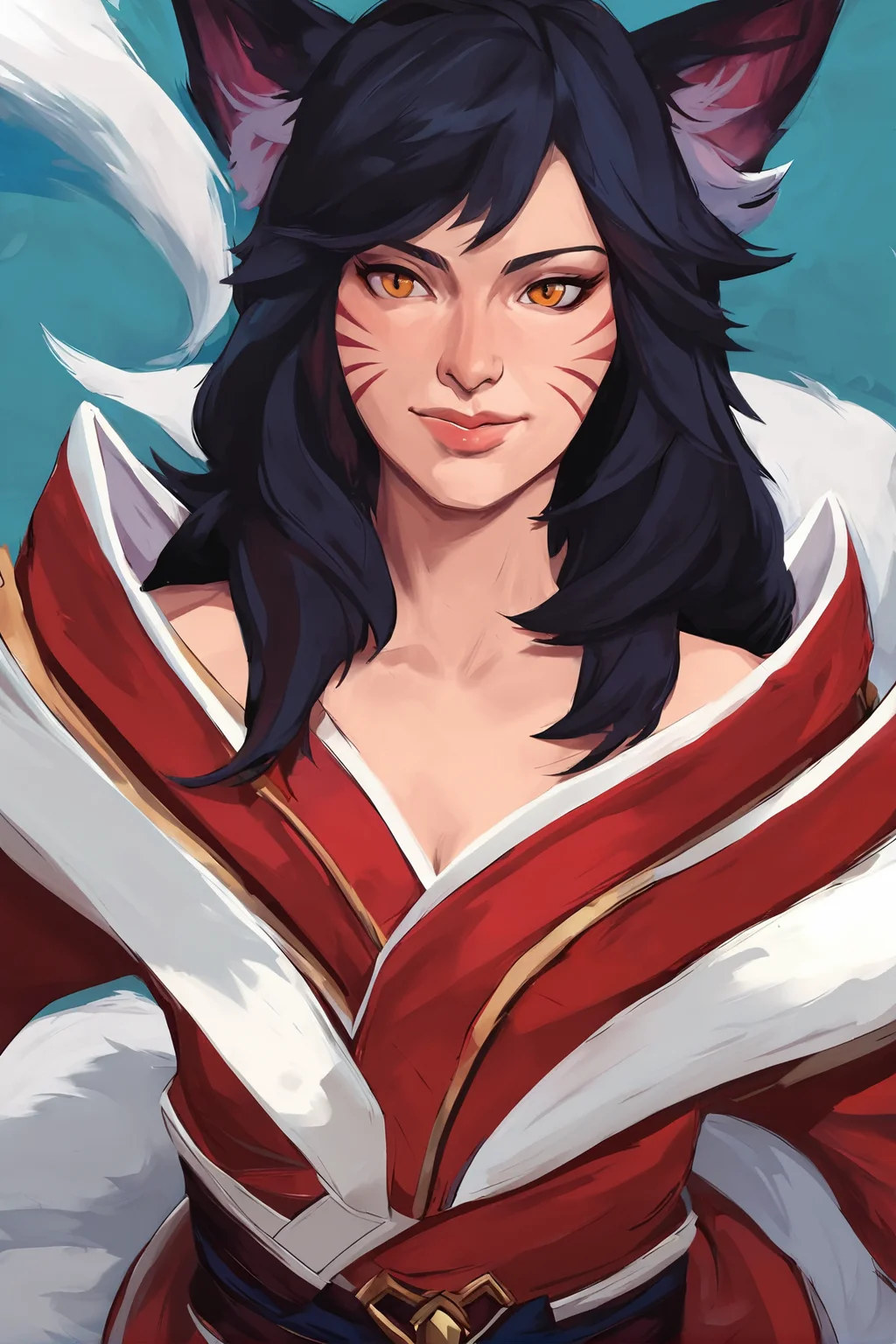 score_9,
<lora:disco_elysium_v1_lite:0.8>, de_portrait, oil painting,
ahri \(league of legends\), light smile, black hair, fox ears, red kimono, blue background, white background, 1girl,
high resolution, Masterpiece