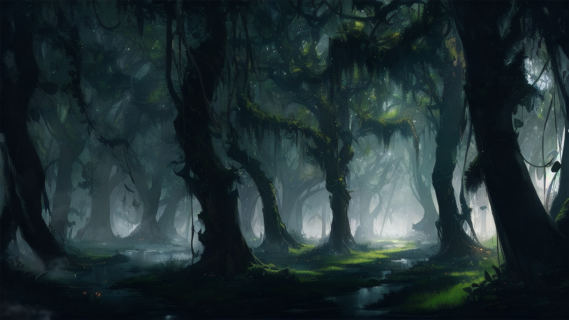 extreme long shot, dark, haunted swamp, lost inside a bog, (heavy fog:1.4), towering plants, tight vegetation, spanish moss, (vines:1.1), tall trees, forest floor, (low light:1.3), deep shadows, high contrast, red eyes in the distance, cramped, claustrophobia, thick tree trunks, solo enchanted flower in clearing, vines in the foreground, tall swamp grass, fanlan, <lora:FantasyLandscape:.6>,  <lora:epi_noiseoffset2:.4>, art by evan cagle and greg rutkowski,