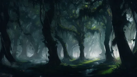 extreme long shot, dark, haunted swamp, lost inside a bog, (heavy fog:1.4), towering plants, tight vegetation, spanish moss, (vines:1.1), tall trees, forest floor, (low light:1.3), deep shadows, high contrast, red eyes in the distance, cramped, claustrophobia, thick tree trunks, solo enchanted flower in clearing, vines in the foreground, tall swamp grass, fanlan, <lora:FantasyLandscape:.6>, <lora:epi_noiseoffset2:.4>, art by evan cagle and greg rutkowski,