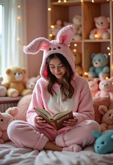 (masterpiece), best quality, expressive eyes, perfect face, 8k.
(((Large breasts)))
In a cozy bedroom, a young woman lounges comfortably, enveloped in a soft, pink bunny onesie. The onesie, complete with floppy ears and a fluffy tail, adds a playful touch to her relaxed demeanor. Her room is a whimsical haven, filled with an array of stuffed animals that cover every surface. Plush bears, rabbits, and fantastical creatures are arranged on shelves, the bed, and even the floor, creating a vibrant, plush landscape. The walls are adorned with fairy lights, casting a warm, gentle glow that enhances the room's enchanting atmosphere. She sits cross-legged on her bed, surrounded by her cuddly companions, a serene smile on her face as she flips through a well-loved book.