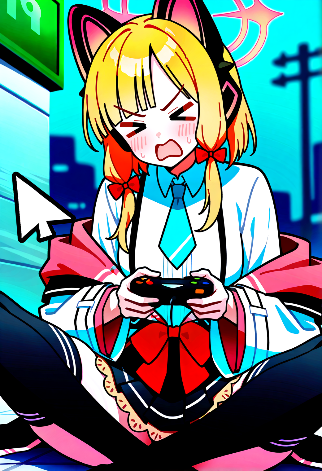 very awa, masterpiece, best quality, year 2024, newest, highres, absurdres, <lora:age_slider_v4:3> <lora:thicc_v1.4-pony:1.2>,detailed_background,outdoors,v-shaped eyebrows,cursor,solo,hair bow,miniskirt,headphones,indian style,skirt,wide sleeves,sitting,long sleeves,open mouth,pulled by cursor,pink halo,holding controller,medium hair,blunt bangs,necktie,gamepad,blonde hair,feet out of frame,school uniform,game controller,controller,black thighhighs,sweatdrop,holding,short necktie,cat ears,highres,> <,jacket partially removed,jacket,bow,white shirt,shirt,zettai ryouiki,collared shirt,1girl,momoi \(blue archive\),blue necktie,black skirt,blue archive,thighhighs,animal ears,red bow,halo,animal ear headphones,holding game controller,sidelocks,white jacket,uranium10,blush,fake animal ears,:3