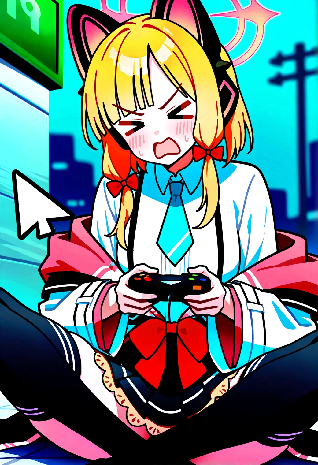very awa, masterpiece, best quality, year 2024, newest, highres, absurdres, <lora:age_slider_v4:3> <lora:thicc_v1.4-pony:1.2>,detailed_background,outdoors,v-shaped eyebrows,cursor,solo,hair bow,miniskirt,headphones,indian style,skirt,wide sleeves,sitting,long sleeves,open mouth,pulled by cursor,pink halo,holding controller,medium hair,blunt bangs,necktie,gamepad,blonde hair,feet out of frame,school uniform,game controller,controller,black thighhighs,sweatdrop,holding,short necktie,cat ears,highres,> <,jacket partially removed,jacket,bow,white shirt,shirt,zettai ryouiki,collared shirt,1girl,momoi \(blue archive\),blue necktie,black skirt,blue archive,thighhighs,animal ears,red bow,halo,animal ear headphones,holding game controller,sidelocks,white jacket,uranium10,blush,fake animal ears,:3