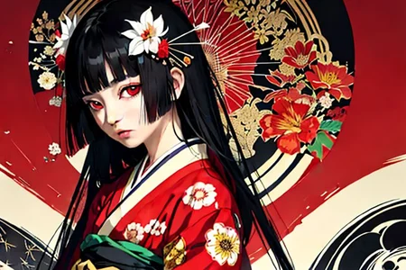 enma ai, hair down, hair black, bangs, eyes red, masterpiece, best quality, ultra-detailed, illustration, 1girl, solo, highres, photorealistic, ultra high res, (Original illustration composition), (fusion of limited color,Maximalism artstyle, kimono fashion, double exposure, background, illustration, Amazing, lily spider