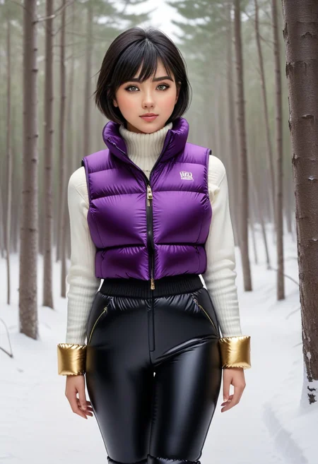 ((((puffer padded vest)))), ((((puffer padded vest)))), ((((full body)))), ((((fur boots)))), ((((puffer pants)))), winter, snow, forest, 1girl, solo, (masterpiece), detailed face, detailed eyes, (beautiful detailed eyes:1.5), sidelighting, (super detail, hyper detail, intricate_details, detailed), (semi realistic:1.6), (Bob cut), blunt bangs,(black hair), (purple eyes, eyelashs), smug smile, angry face, golden armlets, padded collar, Thick padded collar, <lora:Collar-SDXL:0.6>, <lora:cropped_puffer_vest_v2:0.4>, <lora:snowpants_v1:0.4>