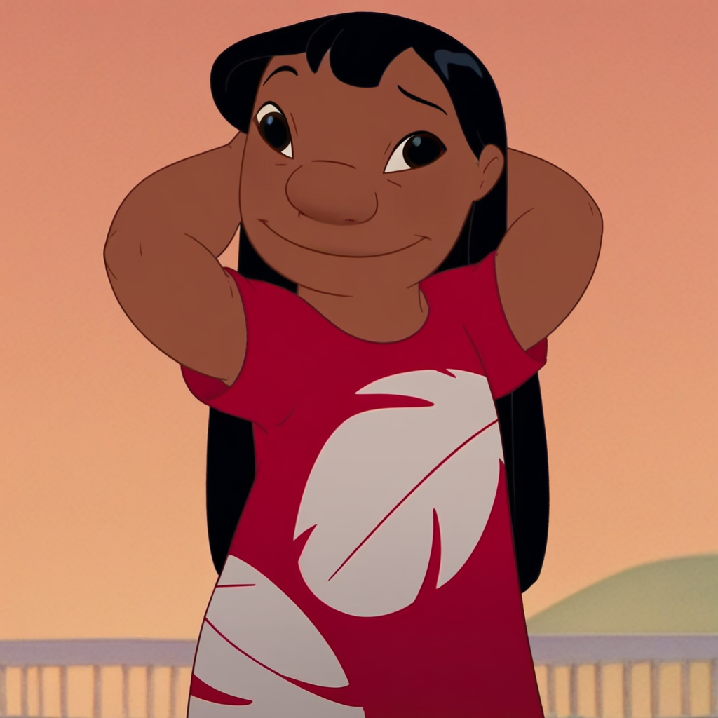 score_9, solo, lilo_pelekai, dark skin, black hair, long hair, black eyes, red dress, smile, hands behind head, outdoors, sunset
