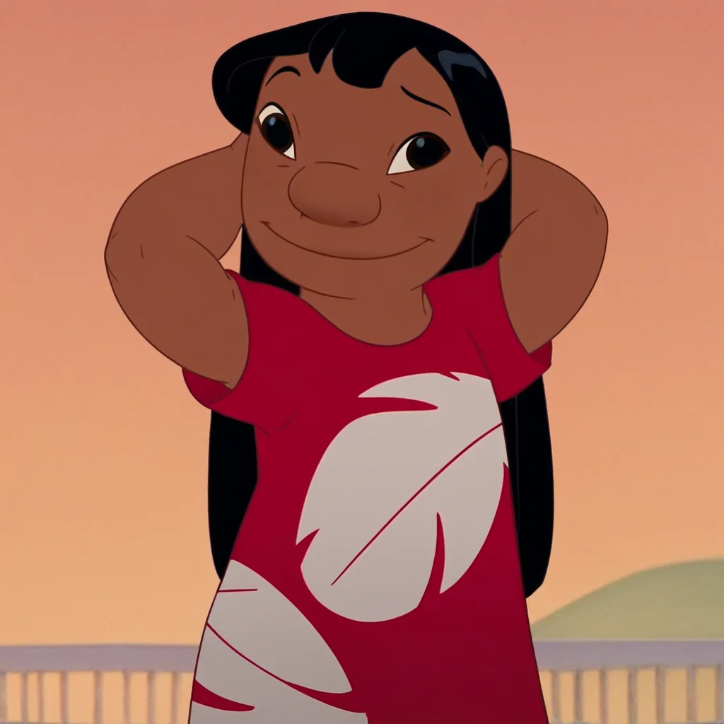 score_9, solo, lilo_pelekai, dark skin, black hair, long hair, black eyes, red dress, smile, hands behind head, outdoors, sunset