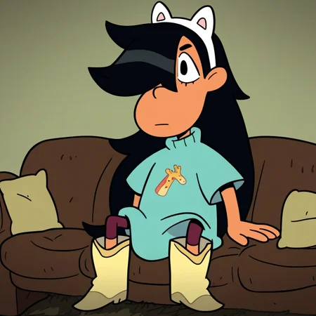 score_9, solo, maney_cotc, black hair, long hair, fake animal ears, shirt, hair over one eye, boots, sofa, sitting
