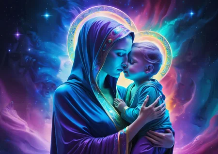 Astral Aura, Astonishing scene of a crying android mother in robes, holding her android child., astral, colorful aura, vibrant energy