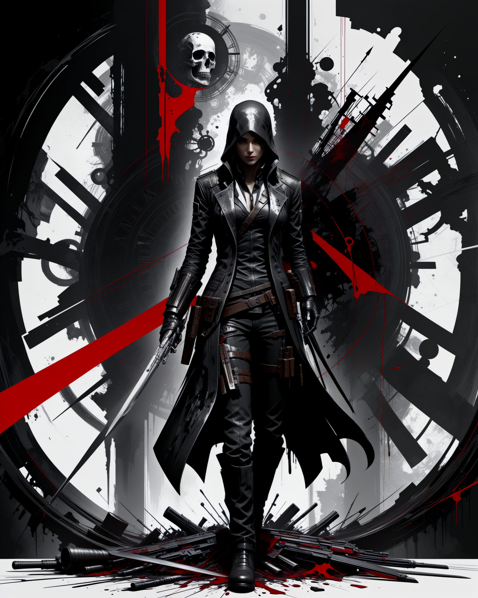 rsmls,a time-traveling assassin alters history,masterpiece,messy,abstract,high contrast,awardwinning,8k,trending on artstation and deviantart <lora:RussMillsXL:0.7>,