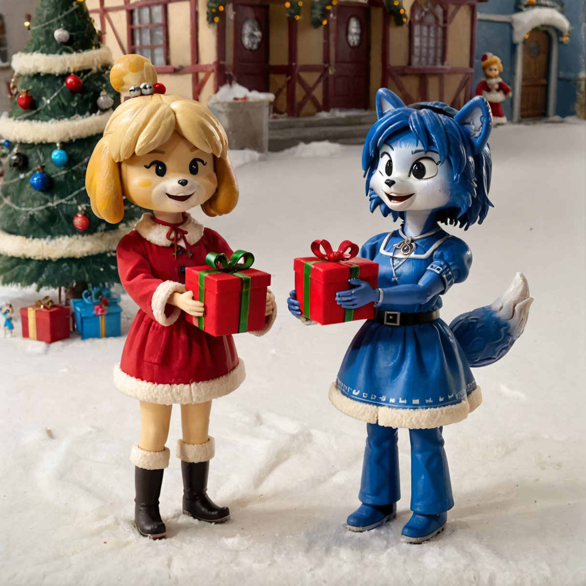 <lora:RankinBass_PONY:1>, RankinBass, plastic, miniature, felt_(material), tilt-shift, photograph, Anthro, furry, BREAK
2girls, Isabelle, Christmas, holding present, felt fabric, simple black eyes (for dot eyes), doll, miniature, plastic,
2girls, Krystal, Christmas, holding present, felt fabric, simple black eyes (for dot eyes), doll, miniature, plastic,
[high quality, best quality], 2girls, village, outdoors, Christmas tree, Presents,