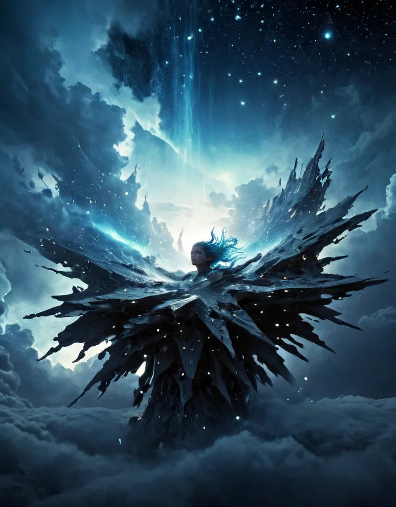 <lora:Space_Worlds_02_Dark_xlv1:1> sw02d_xl, photo illustration from a world in the clouds, in the style of tanya shatseva, the stars art group (xing xing) , meghan howland, dark indigo and light cyan, mind-bending sculptures, realistic hyper-detail, fluid simplicity --ar 63:128 --stylize 750 --v 6