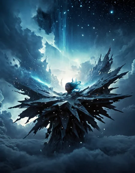 <lora:Space_Worlds_02_Dark_xlv1:1> sw02d_xl, photo illustration from a world in the clouds, in the style of tanya shatseva, the stars art group (xing xing) , meghan howland, dark indigo and light cyan, mind-bending sculptures, realistic hyper-detail, fluid simplicity --ar 63:128 --stylize 750 --v 6