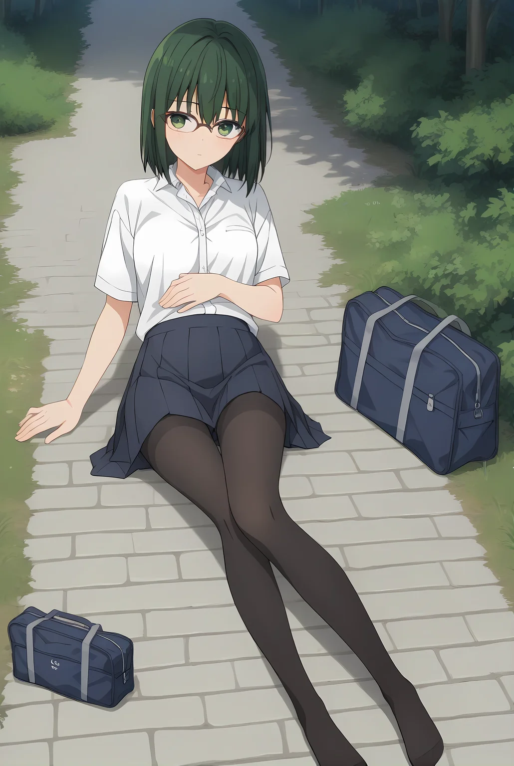 (school uniform skirt white shirt black pantyhose uwabaki), hm-sakura, green hair, green eyes, [glasses, medium hair], medium breasts, 1girl, solo, skinny, score_9, score_8_up, score_8, score_7_up, score_7, score_6_up, score_6, score_5_up, score_5, source_anime, blush, night sky outdoors, (1.3::full body|sitting|standing|lying|straight-on|0.6::close-up| :1.20), , <lora:hm-sakura-V01-000003:0.80>