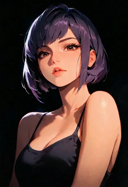 1girl, Juno (Overwatch 2), lips, thin lips, parted lips, solo, looking at viewer, camisole, upper body, dark, underlightling, masterpiece, best quality, very aesthetic, purple hair, bob haircut,