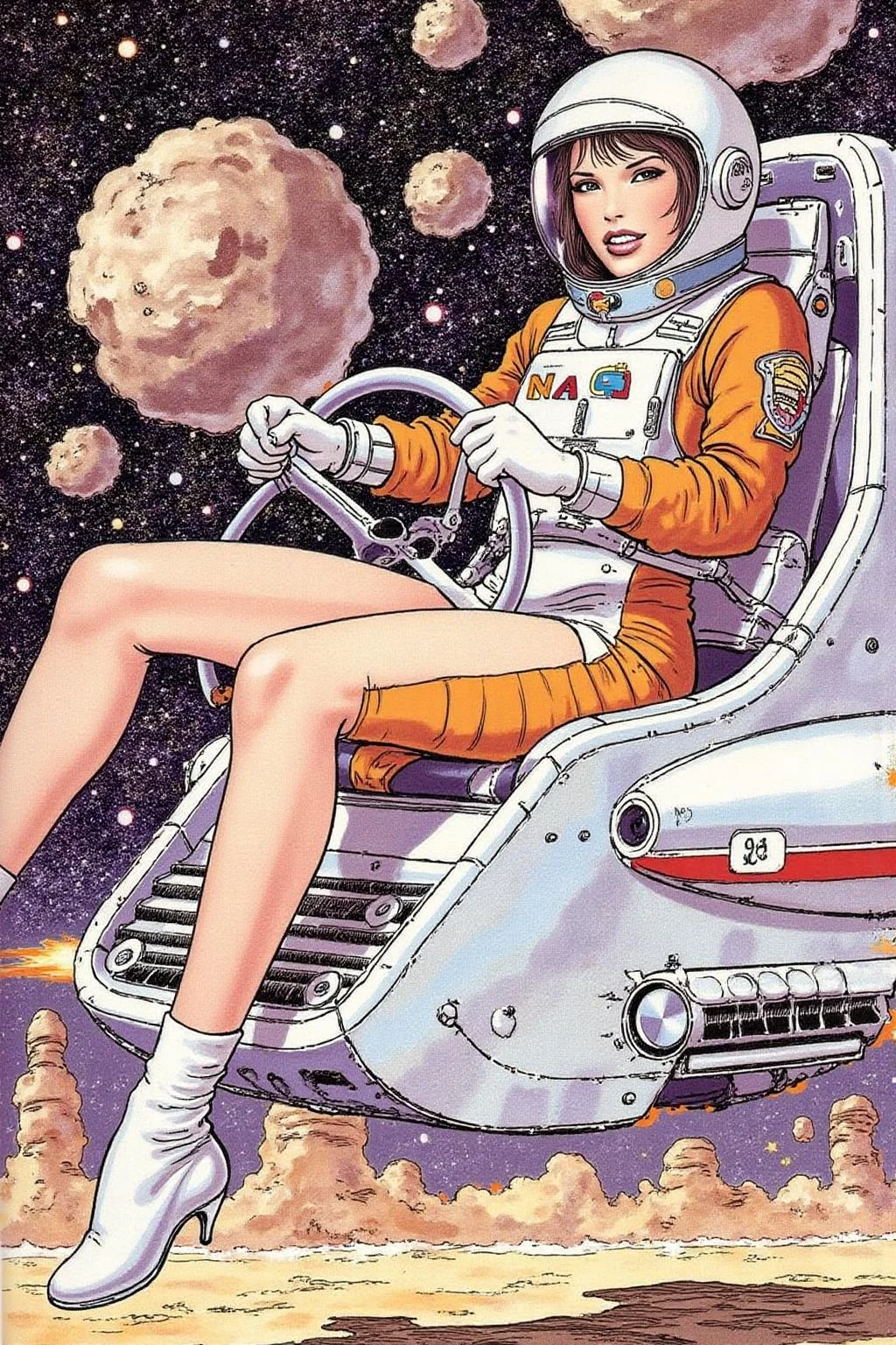 itacomic1 illustration of a woman wearing a futuristic yet retro spacesuit sitting inside a retro chrome spacecraft, confidently pilotingthrough asteroids <lora:itacomic_mima3_fl_d4a2e8:1.0><lora:800889411031260745:0>