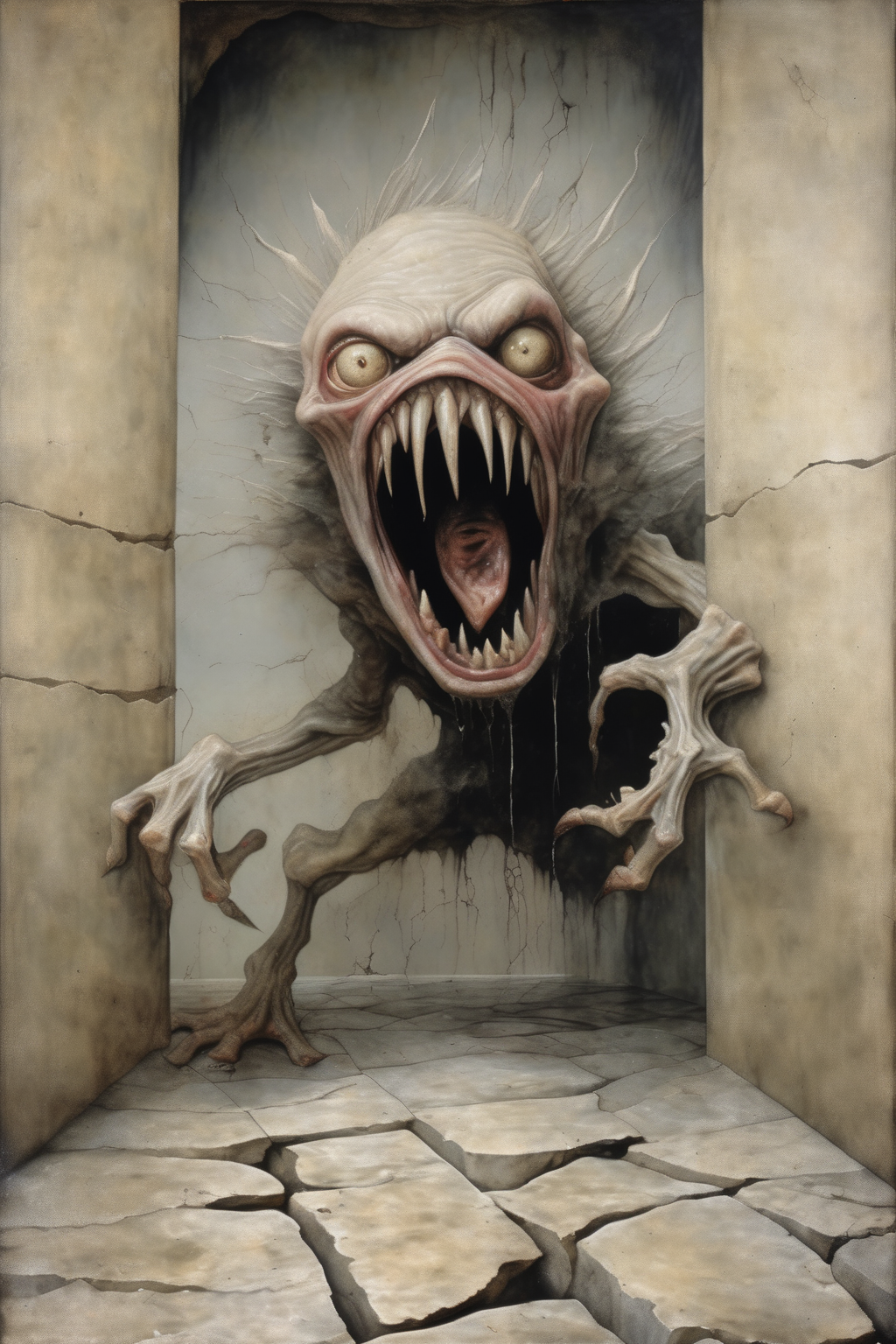 <lora:Santiago Caruso Style:1>Santiago Caruso Style - A trompe l'oeil painting of a hideous monster breaking through a stone floor