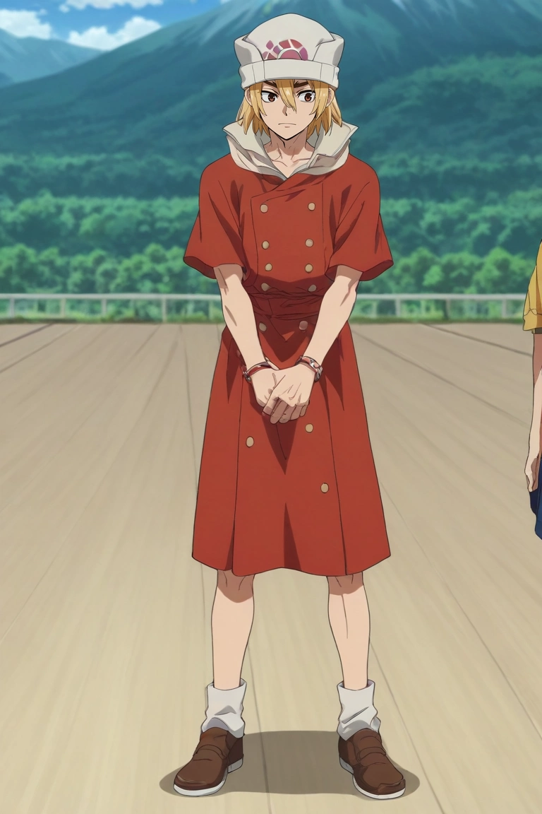 score_9, score_8_up, score_7_up, source_anime, rating_safe, , anime screencap, , , , , 1boy, solo, male focus, <lora:ryuusui_nanami_pony:0.74>, ryuusui_nanami, blonde hair, brown eyes, hair between eyes, hat, wide angle, wide shot, full body, mountaintop city, dawn, v arms, relaxed, , <lora:sdxl_lightning_8step_lora:1>