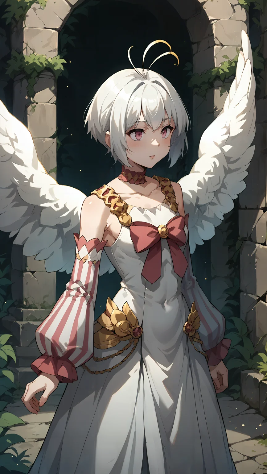 score_9,score_8_up,score_7_up,score_6_up, source_anime, zPDXL, girl, white hair, ahoge, antenna hair, pink eyes, white dress, long sleeves, bare shoulders, bow, frills, angel wings, striped sleeves, <lora:Wakfu_CartoonV02:0.5>, <lora:xl_more_art-full_v1:0.5>, <lora:Fitoria - Pony-000004:0.8>, (body bridge), stone ruins, nature, vines, overgrown, ancient ruins,