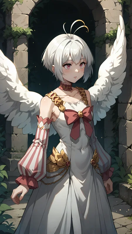 score_9,score_8_up,score_7_up,score_6_up, source_anime, zPDXL, girl, white hair, ahoge, antenna hair, pink eyes, white dress, long sleeves, bare shoulders, bow, frills, angel wings, striped sleeves, <lora:Wakfu_CartoonV02:0.5>, <lora:xl_more_art-full_v1:0.5>, <lora:Fitoria - Pony-000004:0.8>, (body bridge), stone ruins, nature, vines, overgrown, ancient ruins,