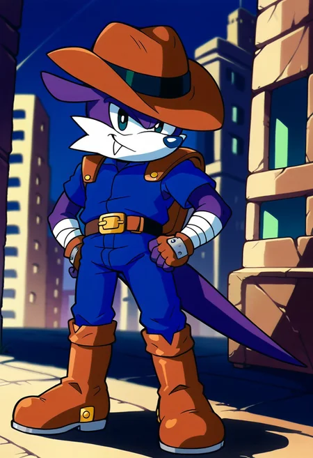 score_9, score_8, score_7, 1man, solo, furry, anthro, source_cartoon, Fang the Sniper, purple skin, cowboy hat, gloves, belt, boots, city, daytime, looking at viewer, dynamic, blue jumpsuit, blue pants, blue shirt, short sleeves, brown shoulder armor, blue fingerless gloves, bandaged arm, asymmetrical legwear, red boots, short, short body, chibi