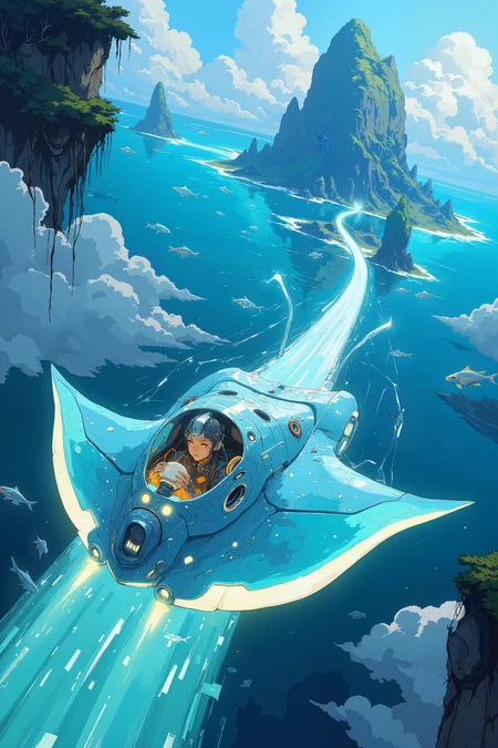 An enormous, manta ray-shaped vehicle soars effortlessly along a road made of glowing, suspended water that flows through the sky like a ribbon. The vehicleâs smooth, metallic surface glistens with droplets of condensation, and its underside glows with a soft, azure light that matches the shimmering road below. The water road twists and curves through the clouds, its edges spilling into the endless sky as if defying gravity itself. Above and below, massive, floating islands covered in lush vegetation drift silently, their roots hanging like tendrils into the void. Inside the vehicleâs glass cockpit, a pilot with skin that sparkles like quartz and eyes that glow like molten gold grips a control sphere, guiding the manta ray with precision. Schools of glowing, spectral fish swim alongside the vehicle, their translucent forms leaving faint trails of light in the air. The scene is tranquil yet surreal, a journey through a world where water and air blend seamlessly into one. , detailed background Fantastic lighting. Detailed shadows.intricate details, vivid colors, hyper-detailed, ultra-sharp, High resolution, high detail. Highly detailed. , DB4RZ, DB4RZ style painting, NeoPigma, in the style of cksc, anime, cyberpunk, a masterpiece, award winning,<lora:CPA:0.5><lora:FLUX-daubrez-DB4RZ:0.3><lora:NeoPigmaV3:0.35><lora:ck-shadow-circuit-000021:0.35>