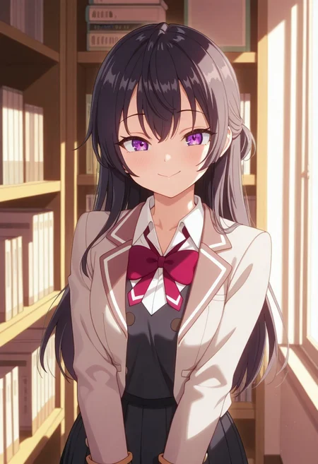 masterpiece,best quality,amazing quality,
, yuki suou, long hair, black hair, purple eyes, 1girl, solo, school uniform, smile, bookshelf, bow, red bow, jacket, shirt, bowtie, indoors, collared shirt