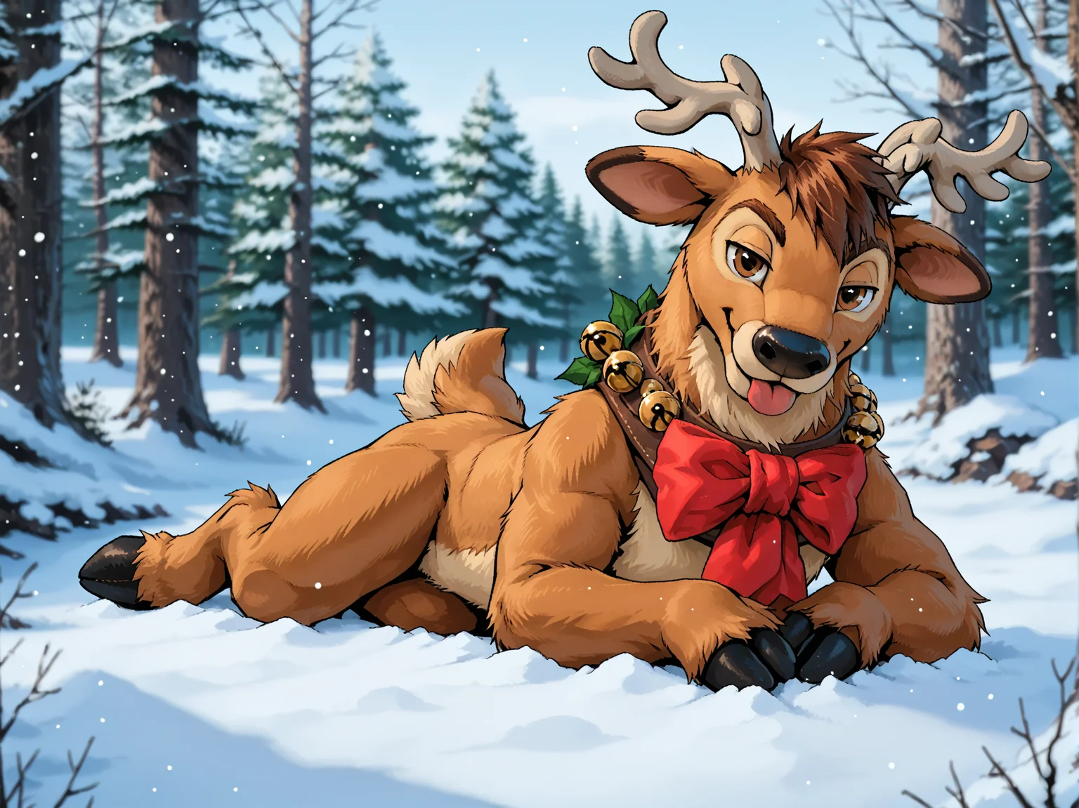 cinematic film still <lora:KFT_Enhancer_v4:0.4>, <lora:J_cartoon:0.4> j_cartoon, <lora:DsnyReindeer:0.8>, DsnyRndr, source_furry, ((anthro)), solo, fluffy, ((realistic fur)), detailed fur, male, anthro reindeer, brown fur, harness, brown eyes, red bow, bells, brown hair, antlers, hooves, (((looking at viewer:1.3))) (laying on side, on front), ((half-closed eyes:1.3)), ((tongue out)), (((snowy forest))), detailed background, . shallow depth of field, vignette, highly detailed, high budget, bokeh, cinemascope, moody, epic, gorgeous, film grain, grainy