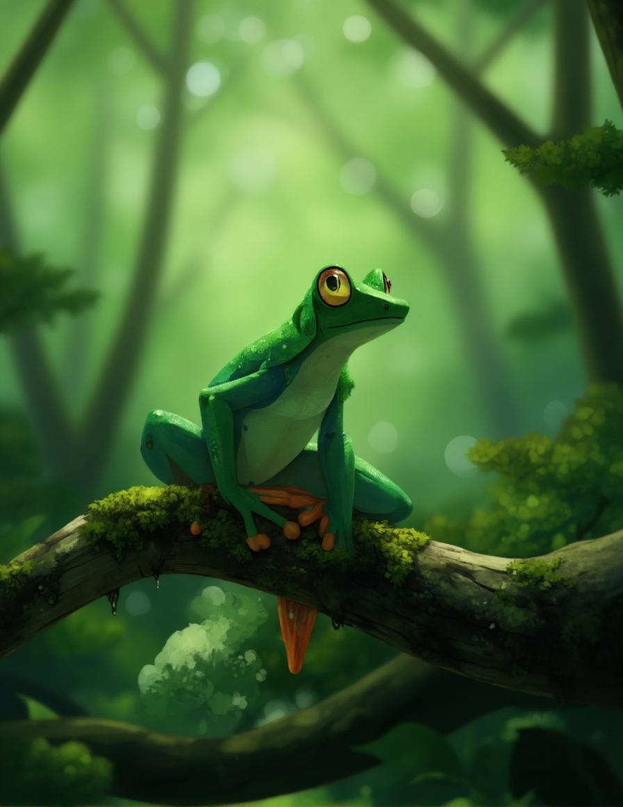 <lora:ck-LttleGhost-000011.safetensors:1> in the style of ck-lttlegh0stA vibrant green frog sits atop a lichen-covered branch, set against a dreamy bokeh background of a misty forest glade. The frog's emerald skin glistens with dew and life, while its expressive eye seems to hold the essence of the forest. Soft lighting casts a gentle glow over the scene, creating a serene and tranquil atmosphere.
