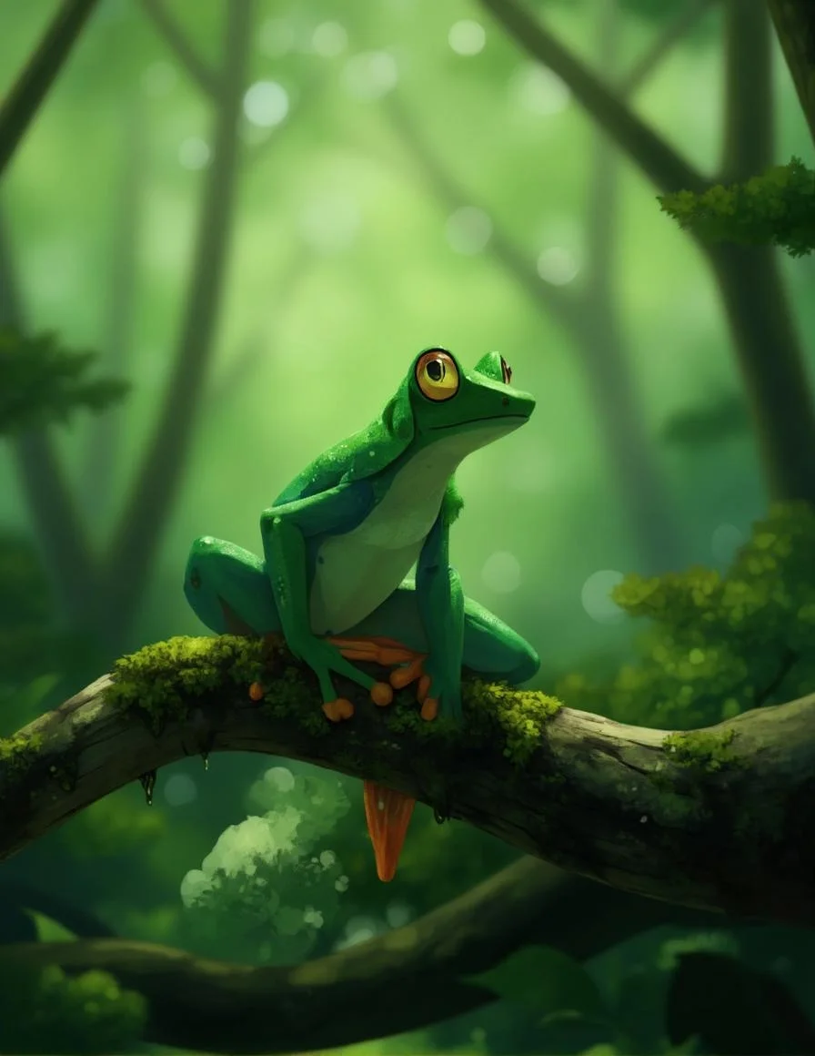 <lora:ck-LttleGhost-000011.safetensors:1> in the style of ck-lttlegh0stA vibrant green frog sits atop a lichen-covered branch, set against a dreamy bokeh background of a misty forest glade. The frog's emerald skin glistens with dew and life, while its expressive eye seems to hold the essence of the forest. Soft lighting casts a gentle glow over the scene, creating a serene and tranquil atmosphere.