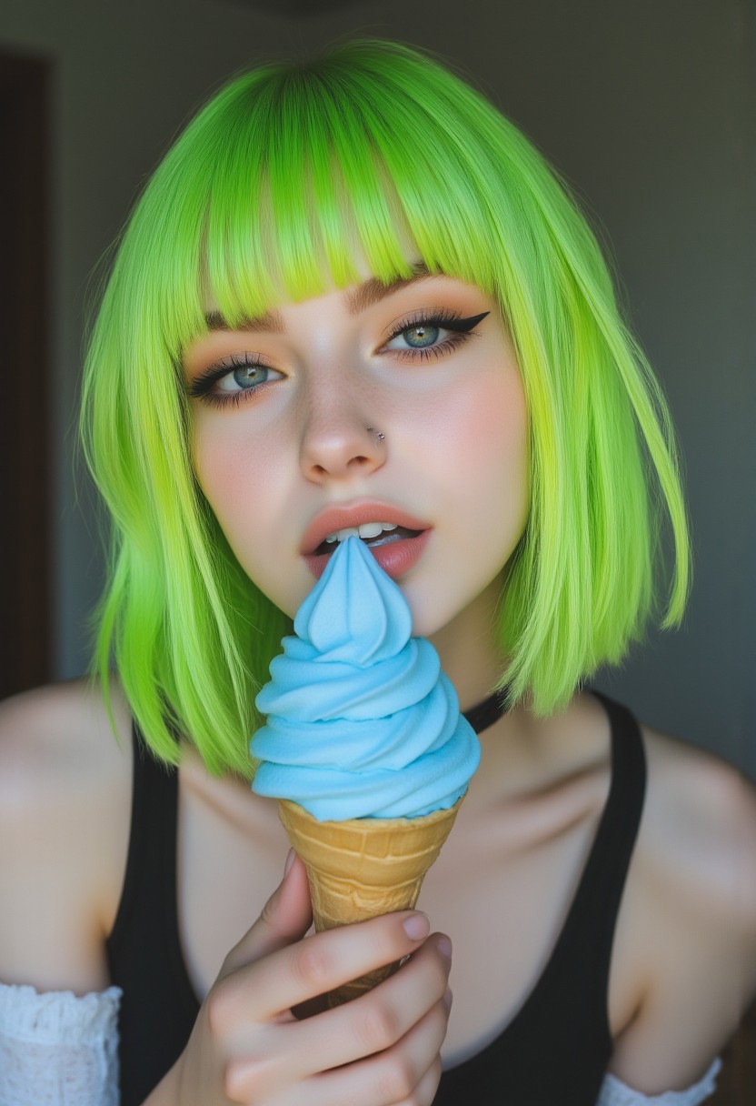 FictionalApple, goth girl with a lime green bobcut with blunt bangs. Eating a navy blue softserve icecream