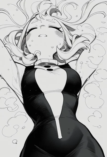flatshinyskin, score_9, score_8_up, score_7_up , 1girl, 1girl, mosaic censoring, slight seductive pose,, medium breasts, sweating, breasts,, long skirt, 1girl, solo focus, Upper body, hands behind, wet, sweaty, sweating, steam, lying on back, low angle, under boobs,
ochako_uraraka, 1girl, score_9, score_8_up, score_7_up, Monochrome, MANGASTYLE ,bodysuit, solo focus, perfect body, curvey, thick waist, thick body, skin tight dress, , front view, front focus,
((facing up, looking upwards)), arched back, leaning backwards