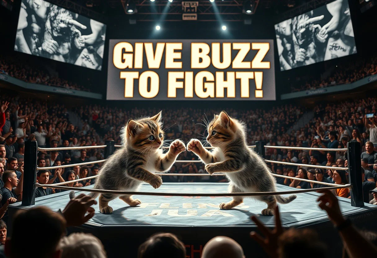 Two adorable yet fierce kittens engaged in an intense MMA-style fight inside an octagon ring. The stage is brightly lit, with high-resolution details showcasing their fur, sharp claws, and playful yet competitive expressions. Surrounding the octagon, a packed crowd of excited spectators cheers loudly, adding a sense of realism and energy to the scene. Large digital displays above the crowd flash the slogan, ‘Give Buzz to Fight!’ in bold, dynamic typography. The scene is captured using Panavision Prime optics, offering unparalleled sharpness, vibrant colors, and cinematic depth, emphasizing every intricate detail of the fur, the stage, and the electrified atmosphere