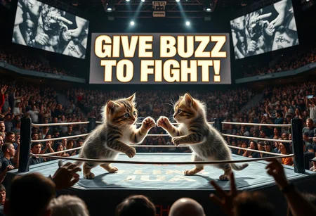 Two adorable yet fierce kittens engaged in an intense MMA-style fight inside an octagon ring. The stage is brightly lit, with high-resolution details showcasing their fur, sharp claws, and playful yet competitive expressions. Surrounding the octagon, a packed crowd of excited spectators cheers loudly, adding a sense of realism and energy to the scene. Large digital displays above the crowd flash the slogan, ‘Give Buzz to Fight!’ in bold, dynamic typography. The scene is captured using Panavision Prime optics, offering unparalleled sharpness, vibrant colors, and cinematic depth, emphasizing every intricate detail of the fur, the stage, and the electrified atmosphere
