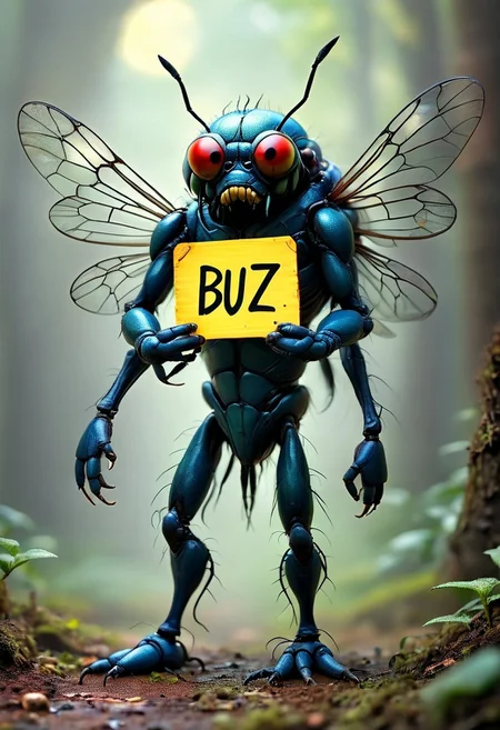 a giant mutant housefly holds a sign that reads: "Buzzz!"