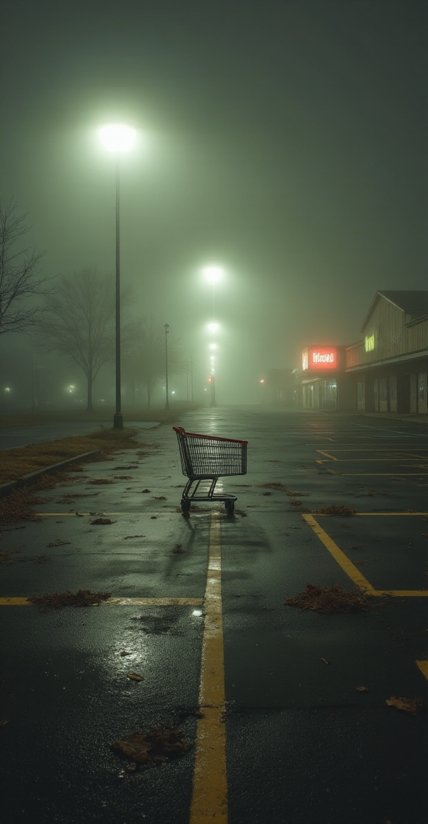 A vast, empty parking lot stretches under the dull glow of overhead streetlights, their halos barely penetrating the dense fog. The painted parking lines are faded, barely visible beneath the cracked asphalt and scattered leaves. A single shopping cart stands in the middle, its wheels locked in place, as if left behind in a hurry. In the distance, the silhouette of a store can be seen, its neon sign flickering weakly, though the building itself appears lifeless. The world feels abandoned, as if everyone left at once, leaving only the echoes of something that no longer exists.
<lora:Liminal-Space-Flux:1>