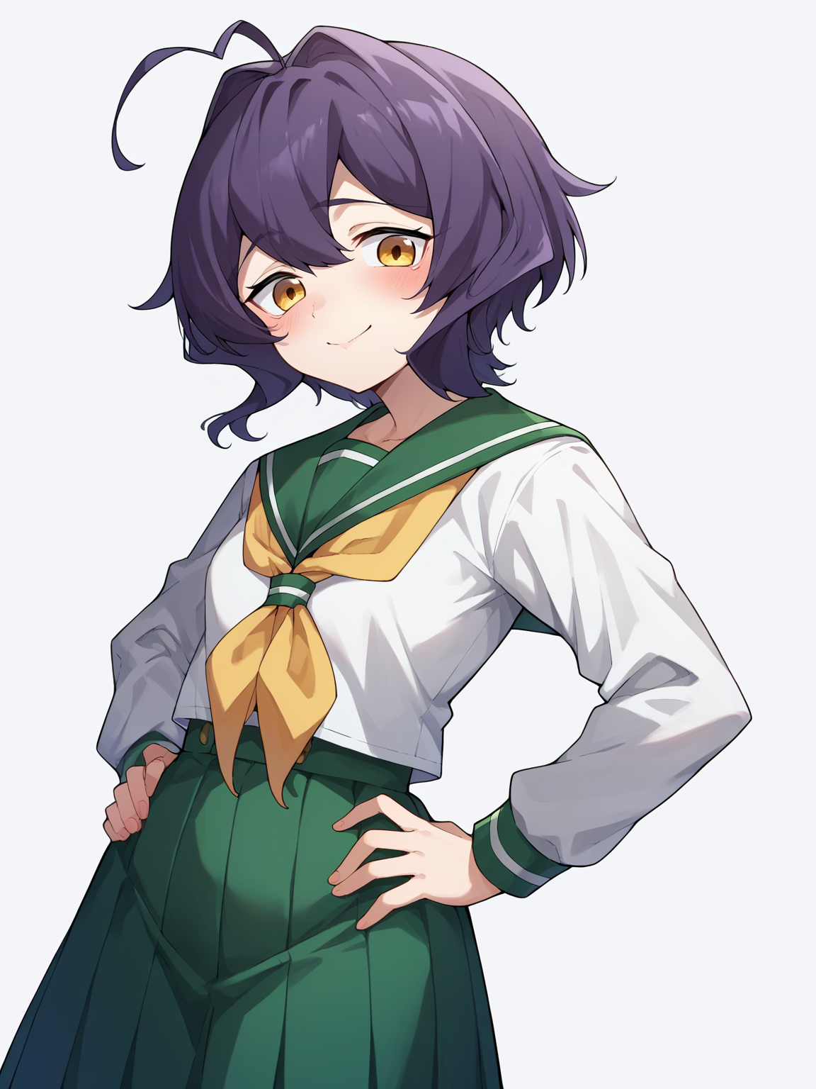 score_9, score_8_up, score_7_up, score_6_up, score_5_up, score_4_up, BREAK, source_cartoon, source_anime,
1girl,  hiiragiutena, dark purple hair, antenna hair, bangs, short hair, yellow eyes, blush, closed mouth, white shirt, green sailor collar, green pleated long skirt, loafers, long sleeves,  black pantyhose, yellow neckerchief,  school uniform, serafuku,
hands on hips, standing, smile, looking at viewer, solo, simple background, white background     <lora:HiiragiUtenaXL:1>