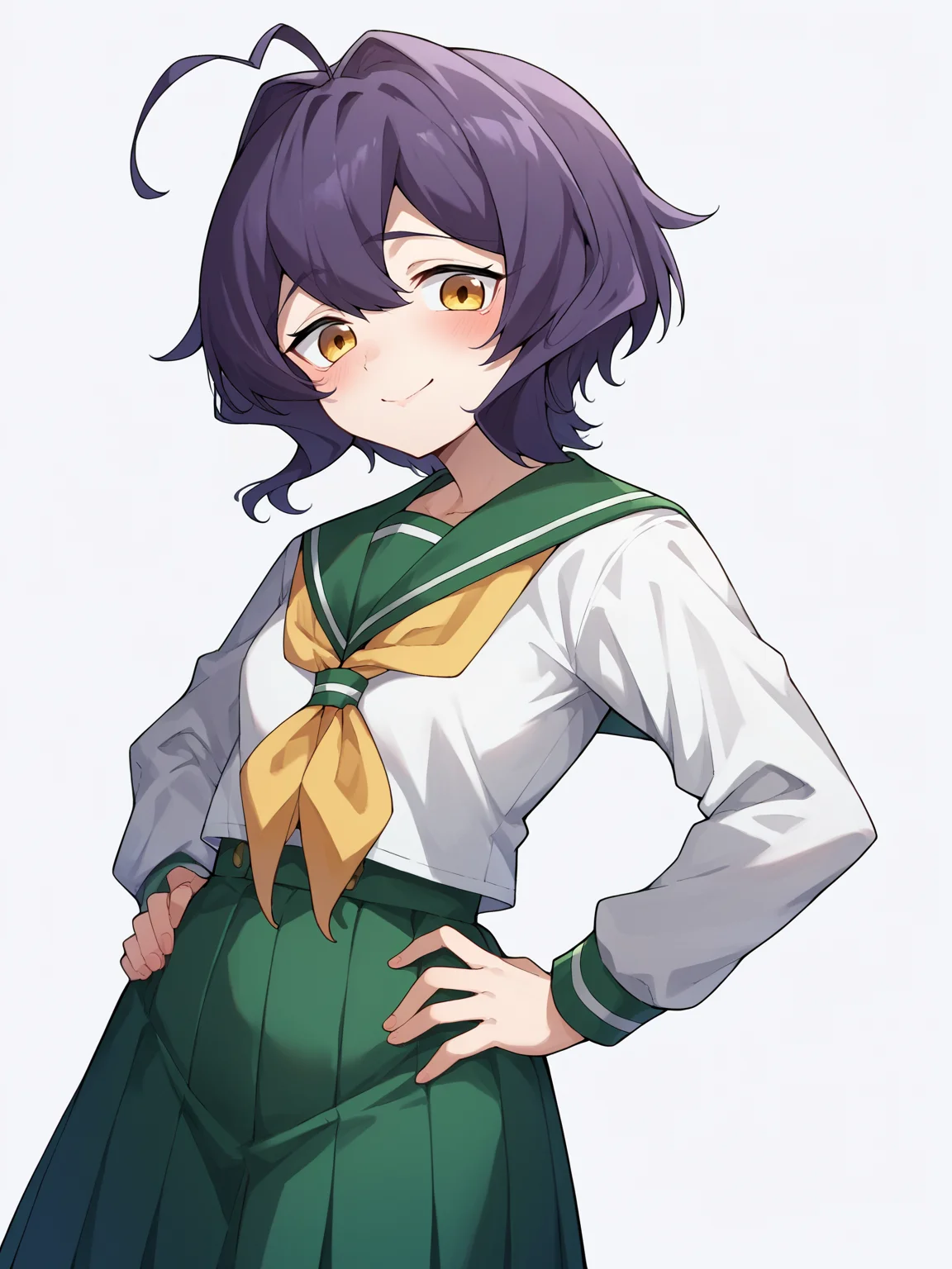 score_9, score_8_up, score_7_up, score_6_up, score_5_up, score_4_up, BREAK, source_cartoon, source_anime,
1girl,  hiiragiutena, dark purple hair, antenna hair, bangs, short hair, yellow eyes, blush, closed mouth, white shirt, green sailor collar, green pleated long skirt, loafers, long sleeves,  black pantyhose, yellow neckerchief,  school uniform, serafuku,
hands on hips, standing, smile, looking at viewer, solo, simple background, white background     <lora:HiiragiUtenaXL:1>