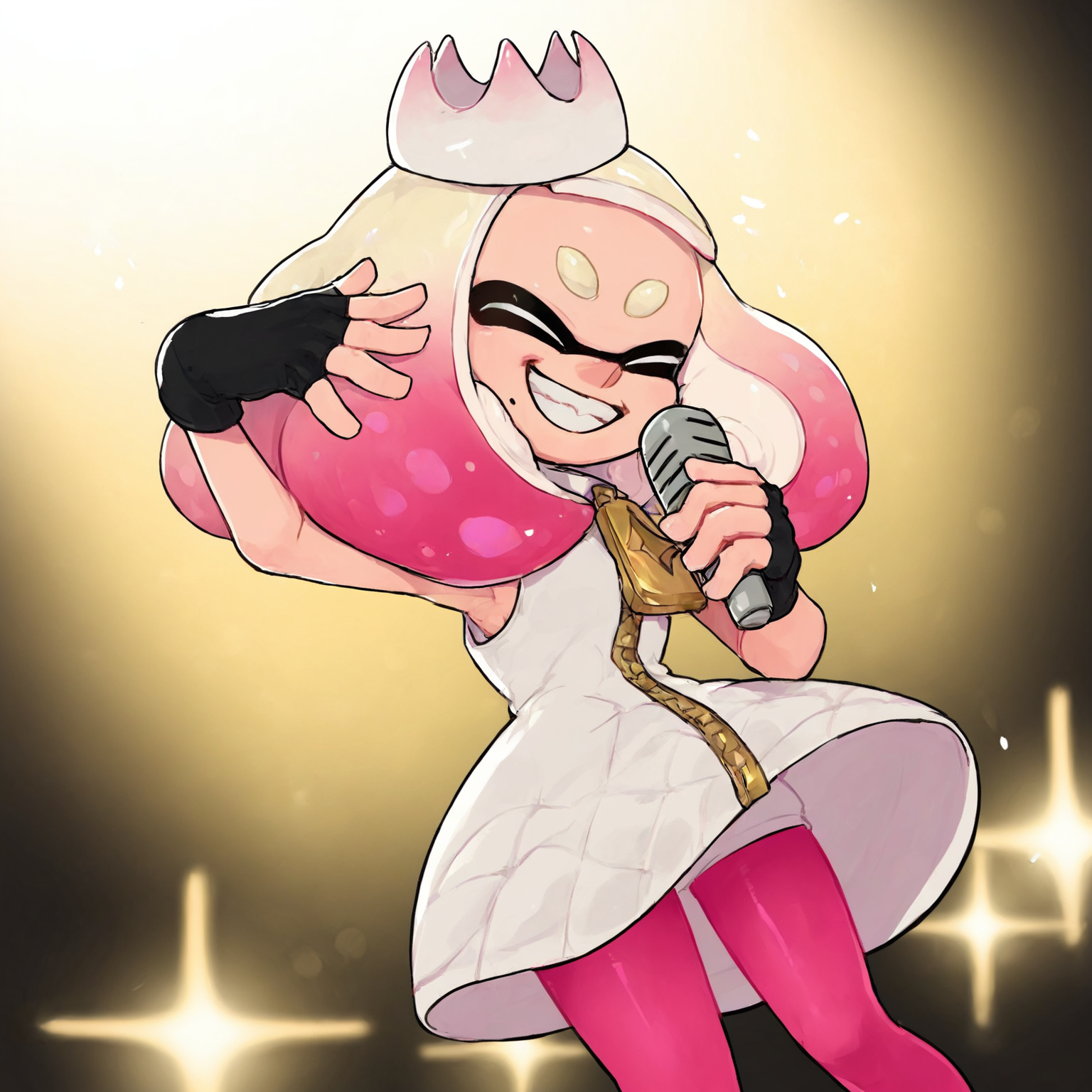 <lora:Pearl_Splatoon:1> + pupils, 1girl, crown, dress, fingerless gloves, gold eyes, mole, mole under mouth, multicolored hair, pink pantyhose, shoulder length cream tentacles with pink tips hair, smile, tentacle hair, woman, zPDXL3, eyes closed, holding microphone, singing, concert stage, colorful stage lights, posing,