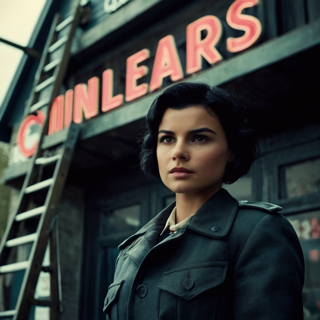 cinematic film still of <lora:detailed:0.2> 
<lora:perfection style:0.2>
<lora:Ron Fricke style:0.1>
 <lora:Inglourious Basterds film style:0.9>
a woman on a ladder in front of a cinema building,solo,short hair,black hair,1boy,jacket,male focus,english text , 1940's, Inglourious Basterds film style, shallow depth of field, vignette, highly detailed, high budget, bokeh, cinemascope, moody, epic, gorgeous, film grain, grainy