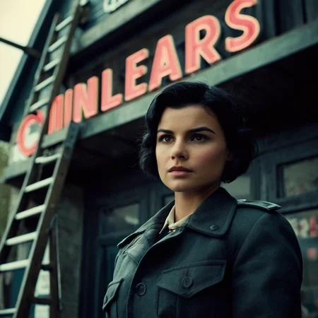 cinematic film still of <lora:detailed:0.2>
<lora:perfection style:0.2>
<lora:Ron Fricke style:0.1>
<lora:Inglourious Basterds film style:0.9>
a woman on a ladder in front of a cinema building,solo,short hair,black hair,1boy,jacket,male focus,english text , 1940's, Inglourious Basterds film style, shallow depth of field, vignette, highly detailed, high budget, bokeh, cinemascope, moody, epic, gorgeous, film grain, grainy