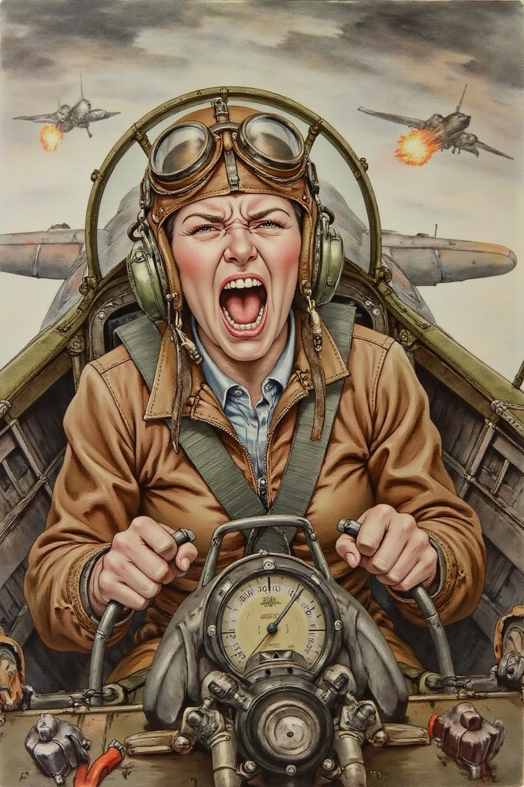 detmo1d watercolor painting.
A female pilot screaming inside the cockpit of a World War II bomber. The pilot, wearing a vintage leather flight helmet with goggles and a bomber jacket, grips the controls with white-knuckled hands. Her face is contorted in a mix of fear and determination as she yells, her eyes wide with adrenaline. The cockpit is cramped and filled with old-fashioned dials and gauges, with the outside view showing dark stormy clouds and distant anti-aircraft fire <lora:detmold1_cap_d6a3e13:1.0><lora:831817247191421256:0>