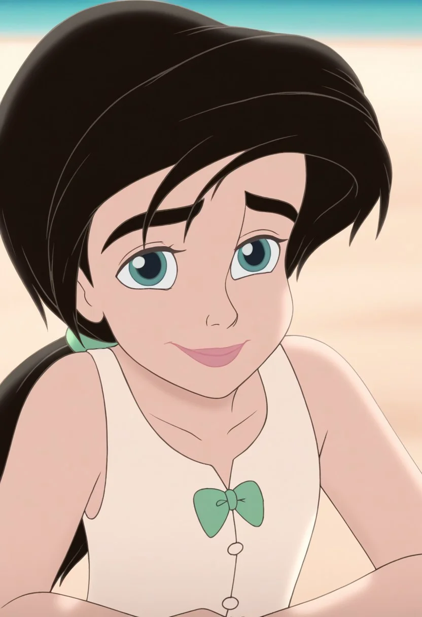 close up,melody,aqua eyes,black hair, ponytail,pink lips,smile,thick eyebrows,arms down,white undershirt,sleeveless,green bowtie,green hairband,white pantalettes,beach background