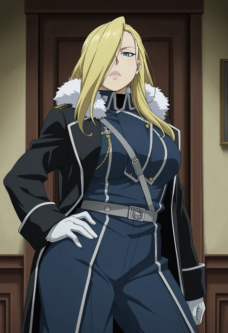 1girl,solo,mm,mature female,blonde hair,long hair,hair over one eye,blue eyes,lips,large breasts,anime coloring,
military uniform,gloves,coat,fur trim,cowboy shot, looking at viewer, indoors, hand on own hip, contrapposto,
,masterpiece,best quality,amazing quality,<lora:Olivier_Mira_Armstrong-Fullmetal_Alchemist_IL:0.8>