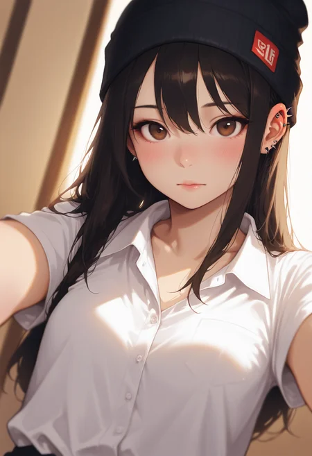 8K, depth of field, focused subject, dynamic angle, best quality, detailed eyes, perfect eyes, realistic eyes,
<lora:cospl4_by_readandsign_v3:0.85> gr43po
masterpiece, ultra-HD, cinematic lighting, photorealistic, impressionism (1.5), high detail, depth of field, (blurred background), (dramatic lighting),masterpiece, best quality, very aesthetic,8k,masterpiece, best quality,realistic, masterpiece, best quality, 8k,
, simple_background, ,
, half close-up, sexy pose,
blushing, asian girl, small head, pretty girl, korean girl,
((slim body)), (small breasts), Dynamic angle, Dynamic pose,
ear piercings, Nswf, , portrait,
,
score_9,score_8_up,score_7_up, 1girl, alternate costume, beanie, black hair, black hat, brown eyes, collared shirt, earrings, hair between eyes, hat, long hair, looking at viewer, portrait, shirt, sidelocks, solo, spiked ear piercing, spikes, , white shirt